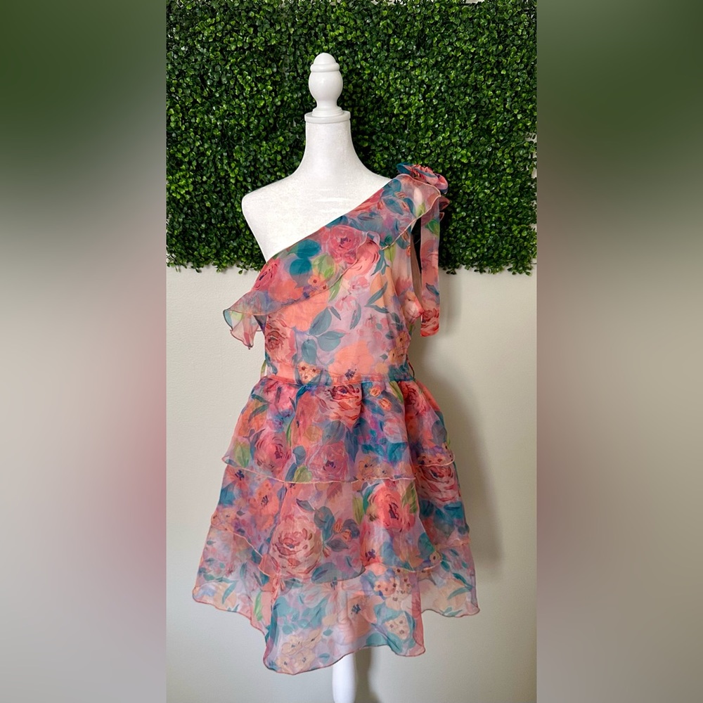 SundayUp Large (10/12) floral one shoulder tied tiered ruffle skirt dress